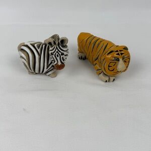 Artesania Rinconad Zebra & Tiger Ceramic Figurines Artisan Ribbon Clay Signed